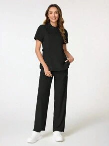 TaskEZ Stand Collar Slim Fit Simple /Nursing Scrub Uniform Set Scrub Set Nurse Dresses Scrub Tops Scrub Bottoms Lab Coats - Black - View 1