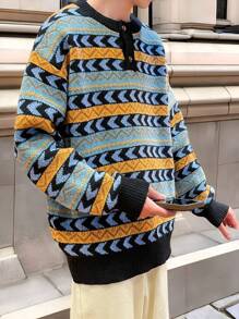 Manfinity Hypemode Heren Geometrisch patroon Knoop Halve Placket Drop Schouder Lange Mouw Casual Trui, Herfst/Winter