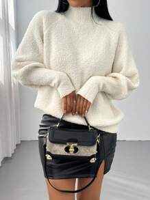 Chiquease Damen Lockererer Glockenärmel-Pullover mit Stehkragen aus Flauschstoff, Herbst/Winter
