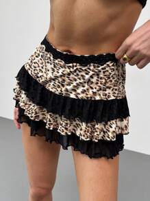 Aloruh Women's Leopard Print Mesh Patchwork Ruffle Hem Short Skirt - Black - View 4