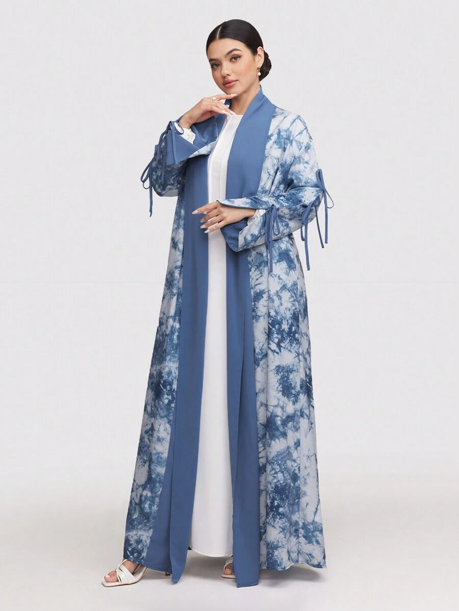 Al Najma Women's Tie-Dye Print Long Sleeve Loose Arabic Abaya Outerwear, Modest Robe