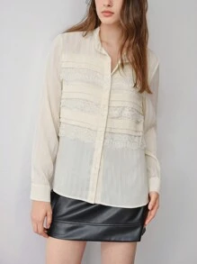 MOTF STUDIO 对比色蕾丝纹理纽扣衬衫
