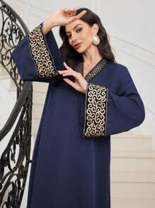 Al Najma Vestido con escote en V y cinturilla, con aplicaciones bordadas, falda acampanada, al estilo turco y árabe, modesto y elegante tipo abaya, para eventos como fiesta de noche, invitada de boda o aniversario