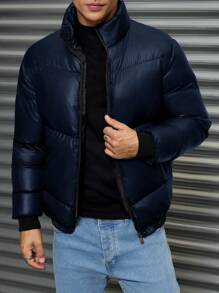SHEIN Cottnline Men's Basic Casual Style With Special Stitching Design Fitted Padded Coat - Navy Blue - View 3