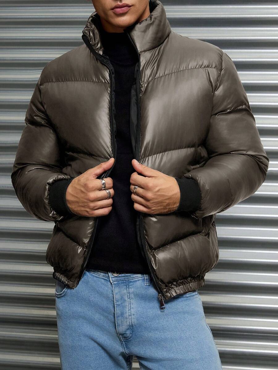 SHEIN Cottnline 男士基本款休闲风格特殊缝线设计修身夹棉大衣 - 駝色 - 查看 1