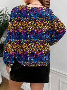 Warp Atelie Artist Elegant Plus Size Women V-Neck Lantern Sleeve Loose Long Sleeve Blouse, Sparkling Sequins Party Tops, Suitable For Autumn/Winter, Multi-Colors, Vacation, Spring, Beach, Going Out, Festival