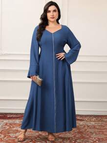 Al Najma Plus Size Women Casual Crossed Binding Waist Arabic Style Dress, Plus Size Modest Full Length Dresses