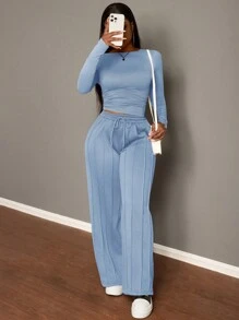 Slaydiva Setelan 2 potong: Celana Olahraga Wanita Kasual Model Lurus dengan Tali Serut Warna Cokelat dan Kaos Lengan Panjang Bergaris Warna Polos, Musim Gugur/Musim Dingin - Biru - View 5