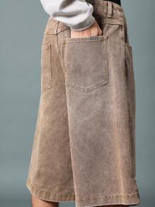 SUMWON 高腰牛仔阔腿宽松百慕大短裤街头风格节日时尚夏季滑板复古棉质舒适牛仔短裤 - 棕色 - 查看 8