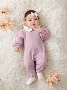 SHEIN 新生女宝宝可爱紫色针织连体衣，彼得潘领长袖 - 淡紫色 - 查看 3
