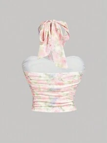 SHEIN MOD ملابس علوية نسائية مقاسات كبيرة مزينة بالزهور ذات ربطة أمامية وياقة حلقية، عيد الحب