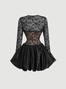 SHEIN MOD 女士蕾丝仿两件套长袖泡泡迷你连衣裙，新年女装，紧身胸衣，黑色连衣裙优雅 - 黑色 - 查看 2