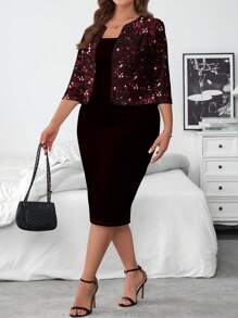 SHEIN Clasi 2pcs Set Plus Size Casual Shiny Outfit Suitable For Autumn/Winter Disco, Stage Dancing - Burgundy - View 3