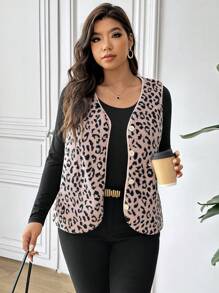 SHEIN Frenchy Plus Size Women Autumn/Winter Leopard Print Fleece Vest Jacket - Pink - View 6