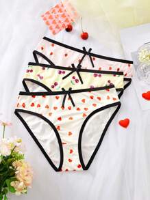 3pcs/Set Women Heart Print Bow Decor Hipster Briefs