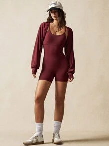 VARSITIE Retro Red Long Sleeve Cropped Women Sports Jackets - Burgundy - View 5