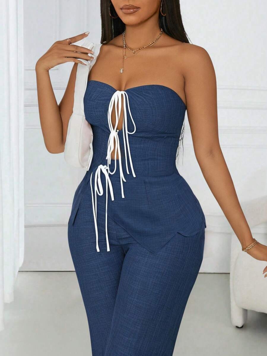 BamGleam Women's Tie Front Split Hem Bandeau Top And Pants Sexy 2 Pieces Set - Blue - View 1