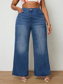 SHEIN EZwear Plus High Waist Wide Leg Jeans - Dark Wash - View 1