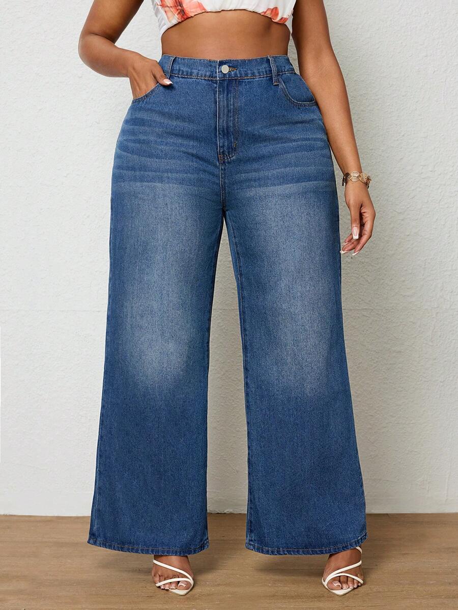 SHEIN EZwear Plus High Waist Wide Leg Jeans - Dark Wash - View 1