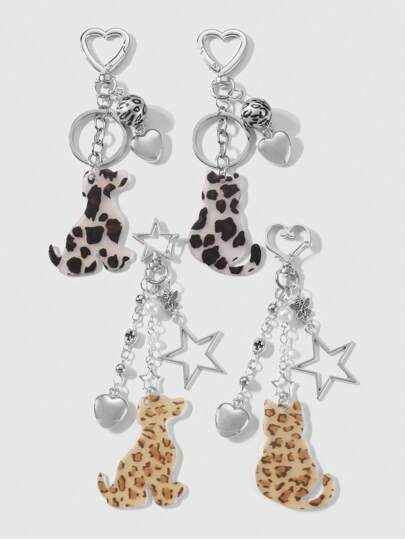 Kawaii 4pcs Fashionable Creative Cute High-Quality Silver Chain Acrylic Cat, Dog, Heart, Star Charm Pendant Keychain Gift Set, Suitable For Sisters, Friends, Couples, Daily Wear, Holiday Gifts