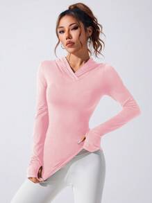 Gameset SHEIN Sport 女士运动连帽卫衣，瑜伽跑步健身锻炼修身长袖上衣带拇指孔，休闲拼接网眼V领卫衣 - 淺粉色 - 查看 3