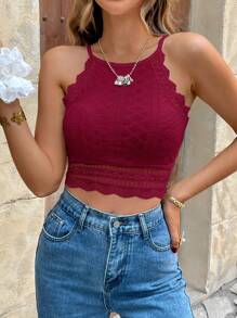 SHEIN Frenchy Dam sommarkontrast Spets Beskuren Slim-Fit Halter Neck Linne, Back To School kläder, Old Money Style, Lärarkläder, Enkel, Minimalistisk, - Röd - Visa 6