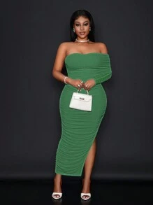 SHEIN Slayr Elegant Party & Date Open Shoulder Ruched Mesh Bodycon Dress For Women - EE - Green - View 4