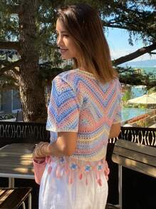 DAZY Blusa de mujer con bloques de color degradado y detalles de flecos, top corto para mujer