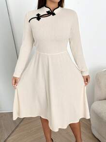 Flirla Plus Size Women's Chinese Style Vintage Button Patchwork Velvet Dress - Apricot - View 1