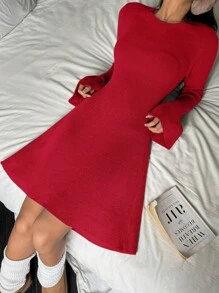 CovetEZ Women Short Solid Color Round Neck Long Sleeve Casual Dress