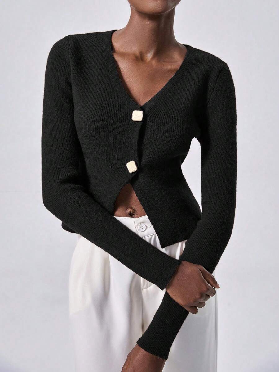 Lumivelle 女士针织长袖黑色开衫，高品质，优雅，收腰，百搭毛衣，秋冬 - 黑色 - 查看 1