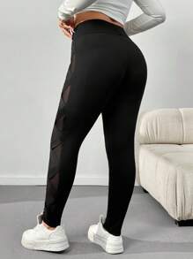 SHEIN EZwear Plus Size Women Mesh Patchwork Slim Fit Leggings, Casual Everyday Wear