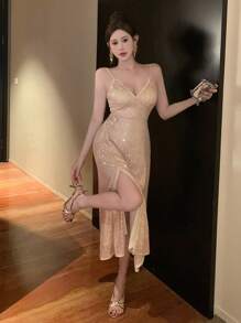 DAZY 女士V领开衩亮片中长吊带裙舞会礼服派对女士吊带裙返校节礼服奢华优雅女士连衣裙新年夜礼服闪亮连衣裙 - 杏色 - 查看 5