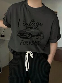 DAZY Men's Gray Car Pattern & Letter Graphic Street Style T-Shirt - Grey - View 1