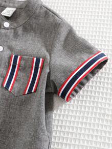 SHEIN 2pcs Set Baby Boy Summer Casual Elegant Adorable Gray Contrast Tape Short Sleeve Shirt And Shorts Outfit, Suitable For Birthday Party, Evening Party, Performance, Wedding, One-Month-Old Celebration And First Birthday - Multicolor - View 6