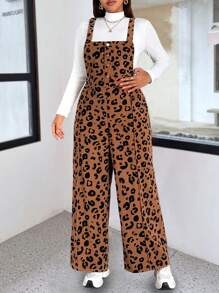 Flirla Plus Size Chenille Leopard Print Jumpsuit - Coffee Brown - View 4
