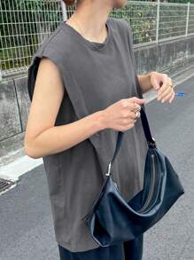 FRIFUL Camiseta de mujer de unicolor con cuello redondo, casual y holgada de manga tipo murciélago