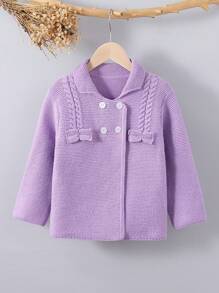 Girls Vintage Palace Style Double-Breasted Knitted Cardigan, Blue Collar Thick Knitted Sweater