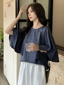 FRIFUL 1 件女士休闲蓝色斗篷衬衫，适合办公室通勤穿着，夏季 - 藏蓝色 - 查看 2
