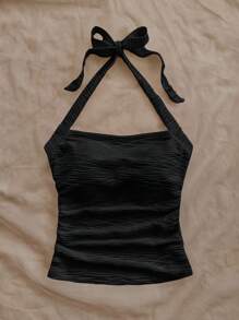 Soleia 女士度假挂脖式黑色纹理针织修身背心