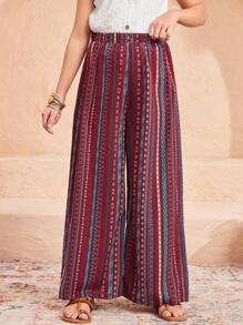 SHEIN Tween-Mädchen Lockere, lässige Vintage-Hose mit weitem Bein und Streifen im Urlaub