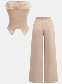 SHEIN Girlism 少女杏色针织抹胸带纽扣，腰部褶皱不对称下摆露背吊带背心和宽松阔腿裤两件套，休闲简约 - 駝色 - 查看 2