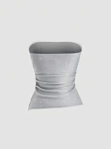 Sweetra 女士性感抹胸褶皱短款上衣，修身且修身 - 灰色 - 查看 2