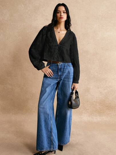 Poéselle 女士纯色长袖 V 领简约衬衫，休闲日常穿着