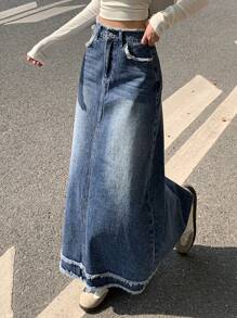 DAZY 女式休闲水洗磨边下摆长款牛仔裙牛仔裙