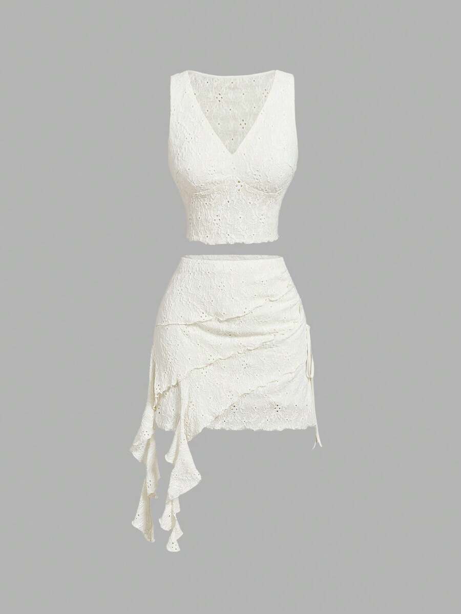 SHEIN MOD Women's Cream Colored Jacquard Lace Ruffled Asymmetrical 2 Pieces Set, Perfect For Party Outfit,Set Women,Western Wear Women,New Years Women Outfit,Vacation Outfits Woman