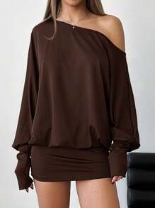 Aloruh Vestido corto y ajustado de manga larga, asimétrico y sexy para mujer, para festivales de música y estilo streetwear moderno - Marrón - Ver 4