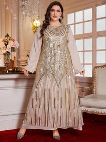 Al Najma Plus Size Women Embroidery & Pearl Beads Patchwork Long Dress, Modest - Apricot - View 5