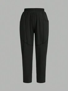 2pcs Women's Solid Color Elastic Waist Casual Sporty Pants For Everyday Wear