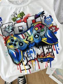 3Pcs/Set Tween Boy Loose Fit Street Style Graphic Print Tank Top Set